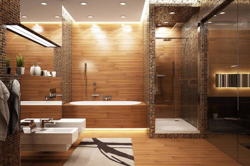 Интерьер ванной комнаты с ламинатом на стене