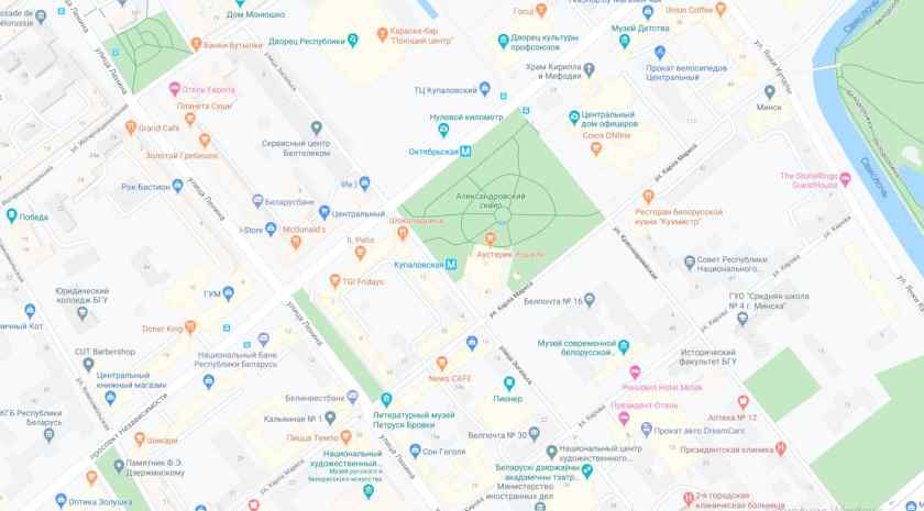 Станция метро Купаловская на карте Минска